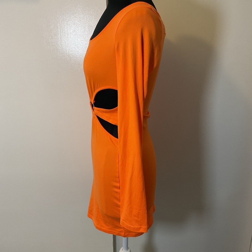 SHEIN Orange Embellished Waist Cut-Out Long Sleeve Bodycon Mini Dress SZ Med - Picture 5 of 6